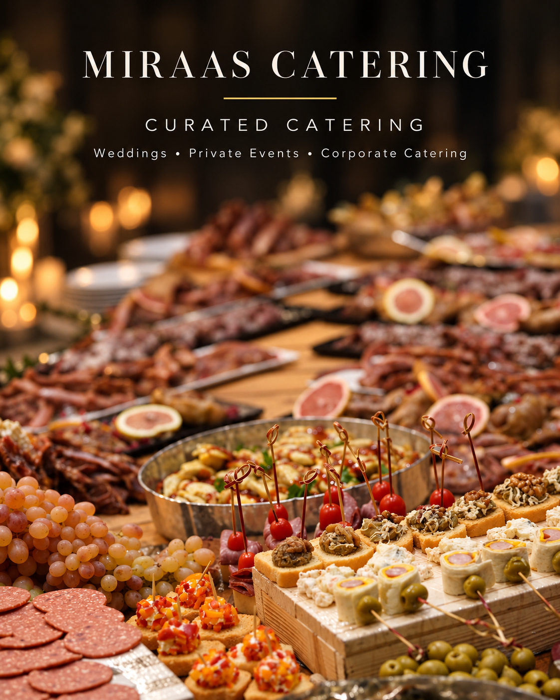 An elegant catering table with assorted canapés, fruit and appetizers