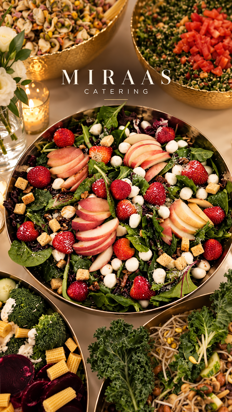 Fresh salad and mezze buffet prepared for a Miraas catering event