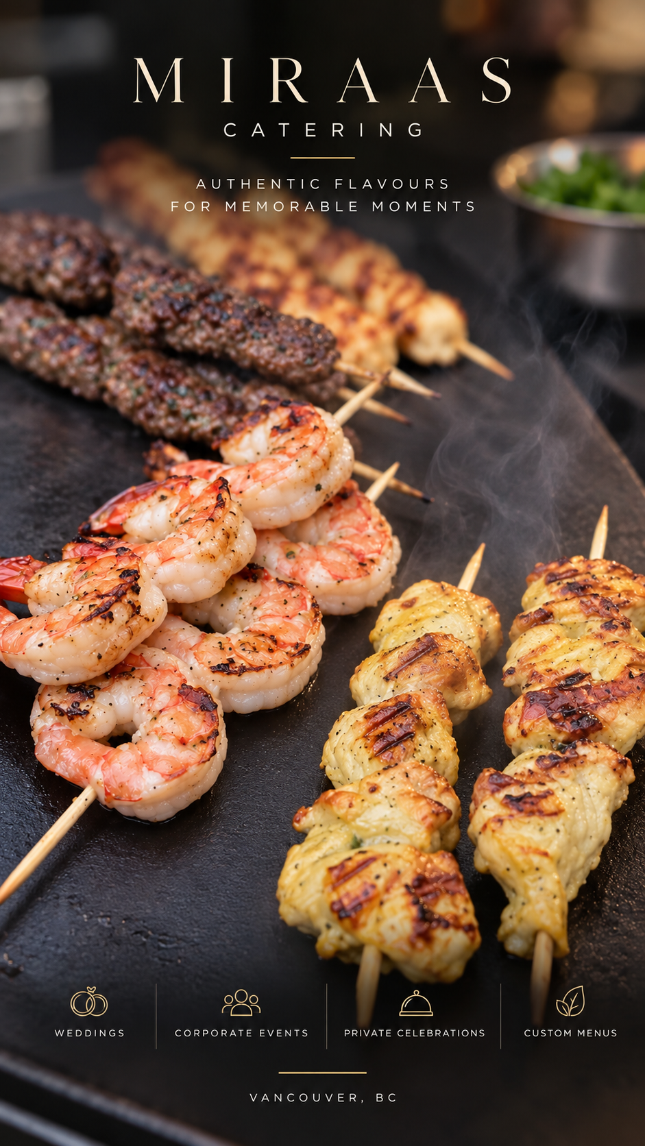 Grilled kebab skewers prepared for weddings, corporate events and celebrations