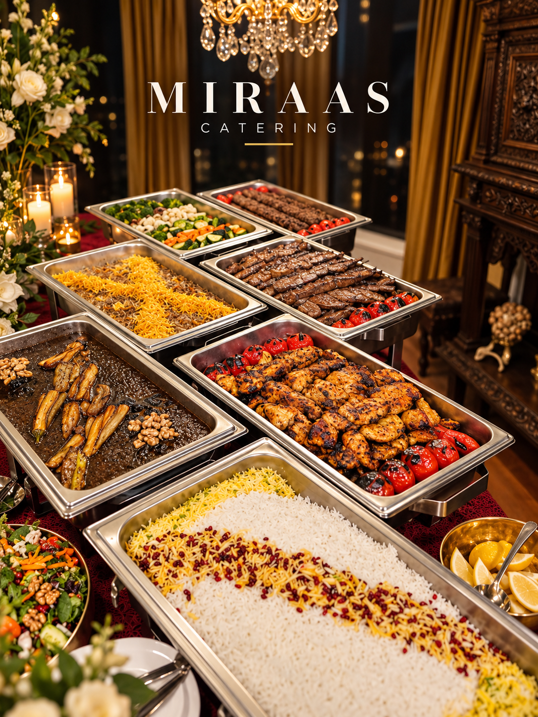 Persian catering buffet with rice, kebabs and assorted dishes