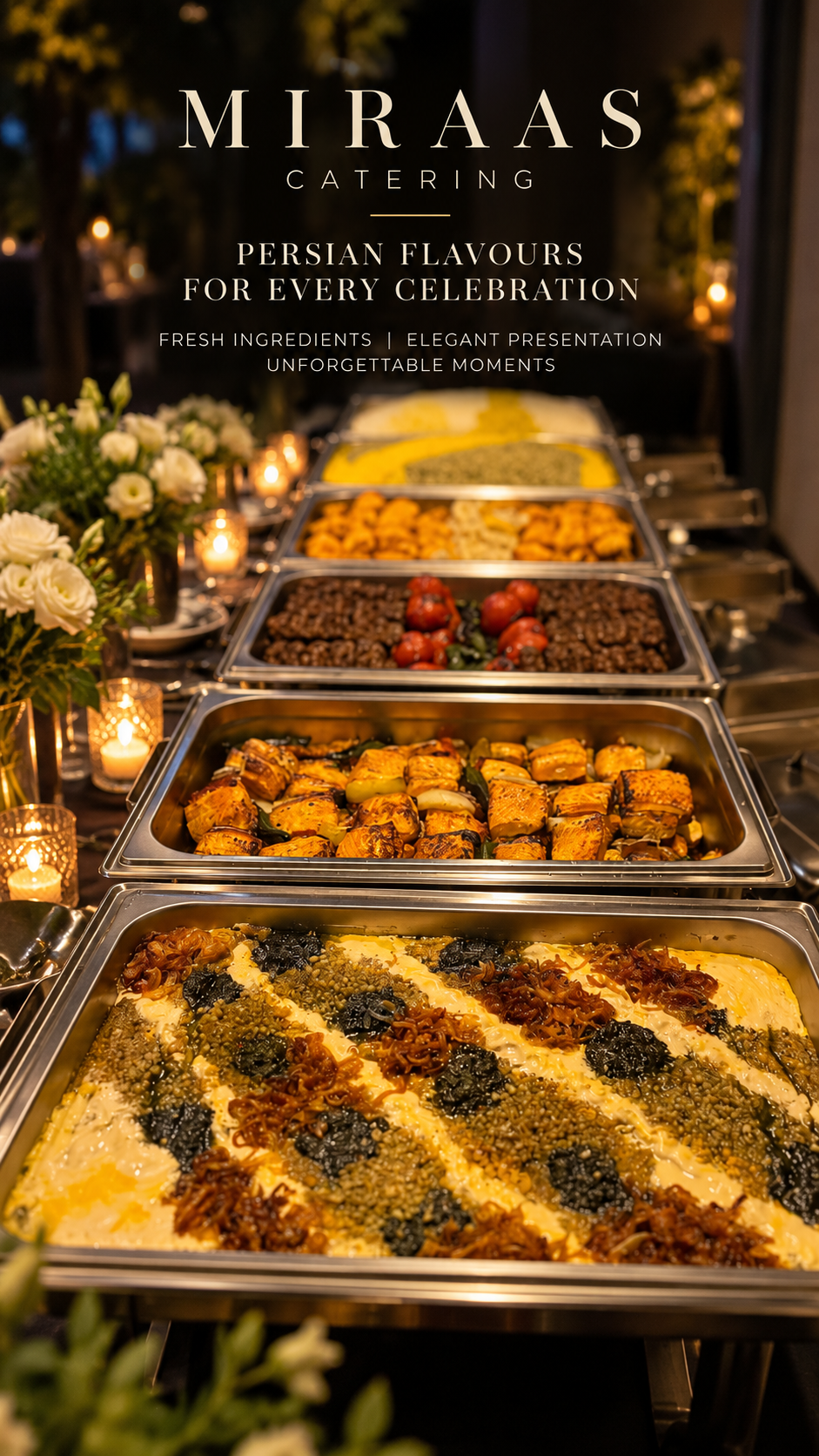 Miraas catering buffet with Persian rice and hot dishes at an elegant event