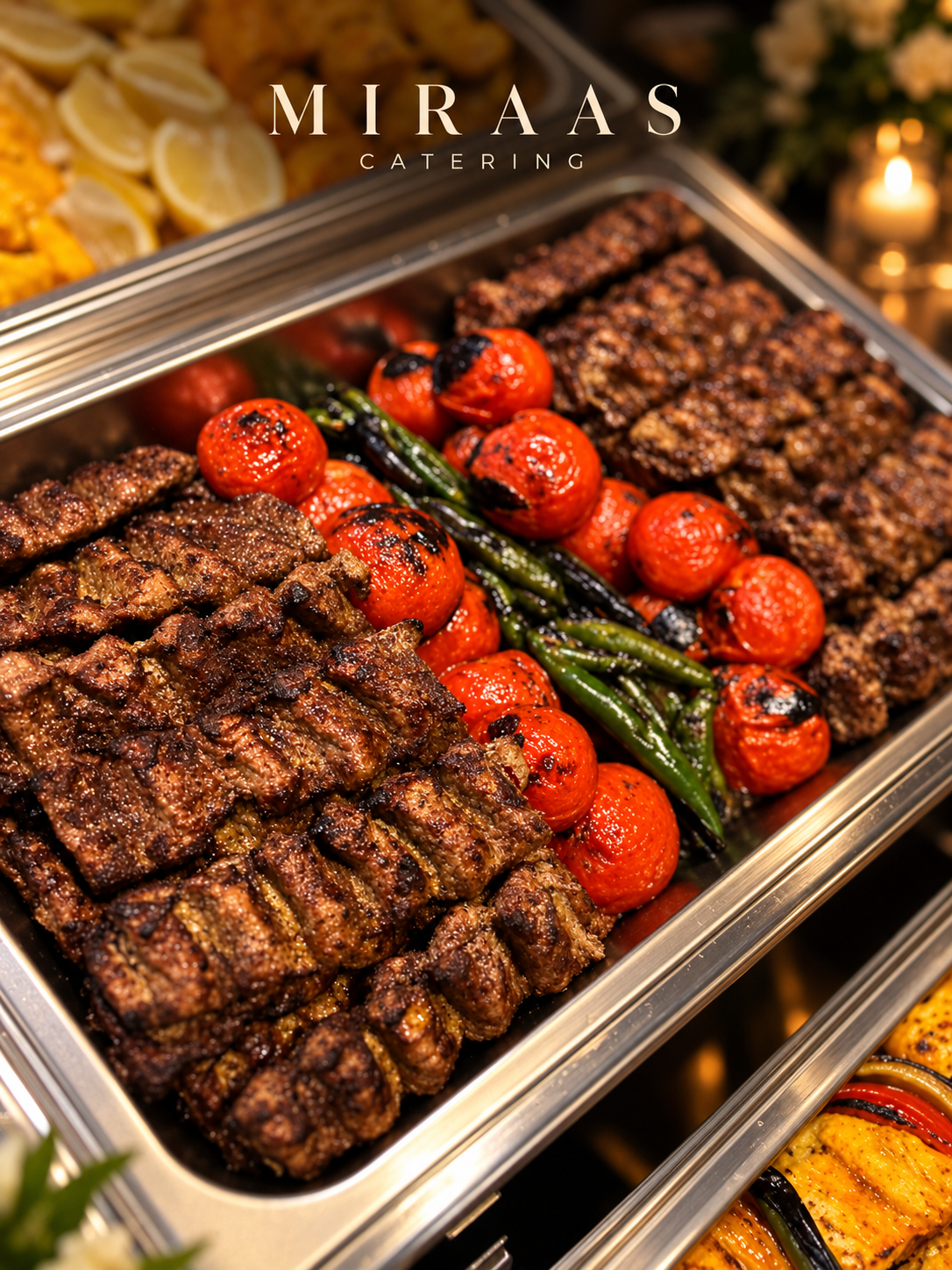 Grilled Persian kebabs, tomatoes and vegetables served at a catering event