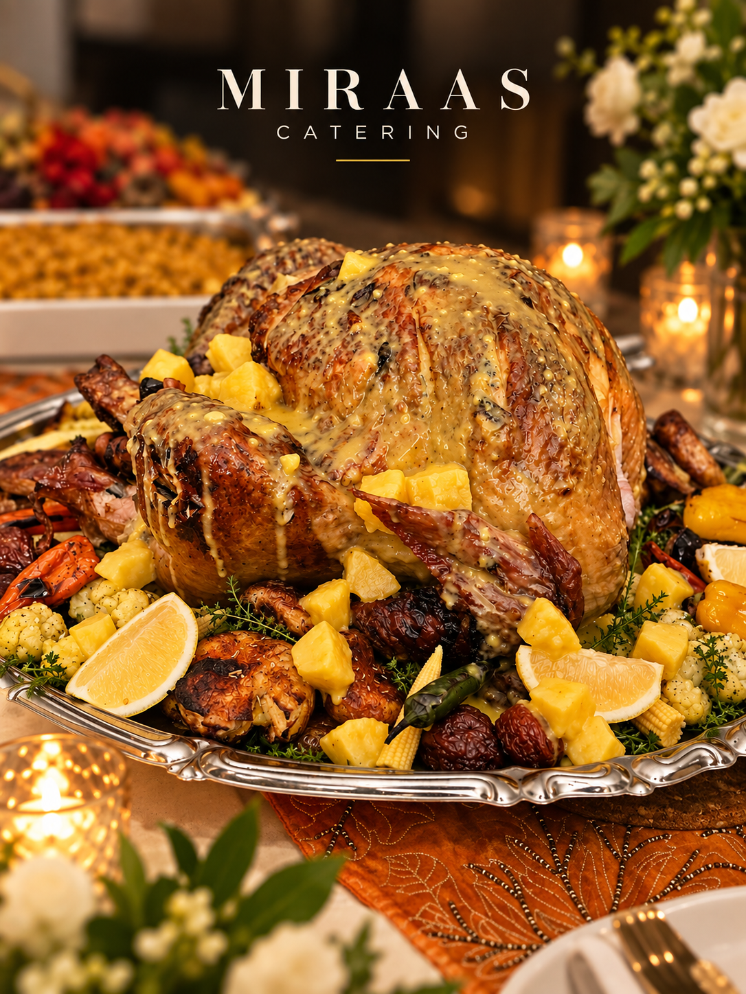 Roasted chicken and vegetables on an elegant catering platter