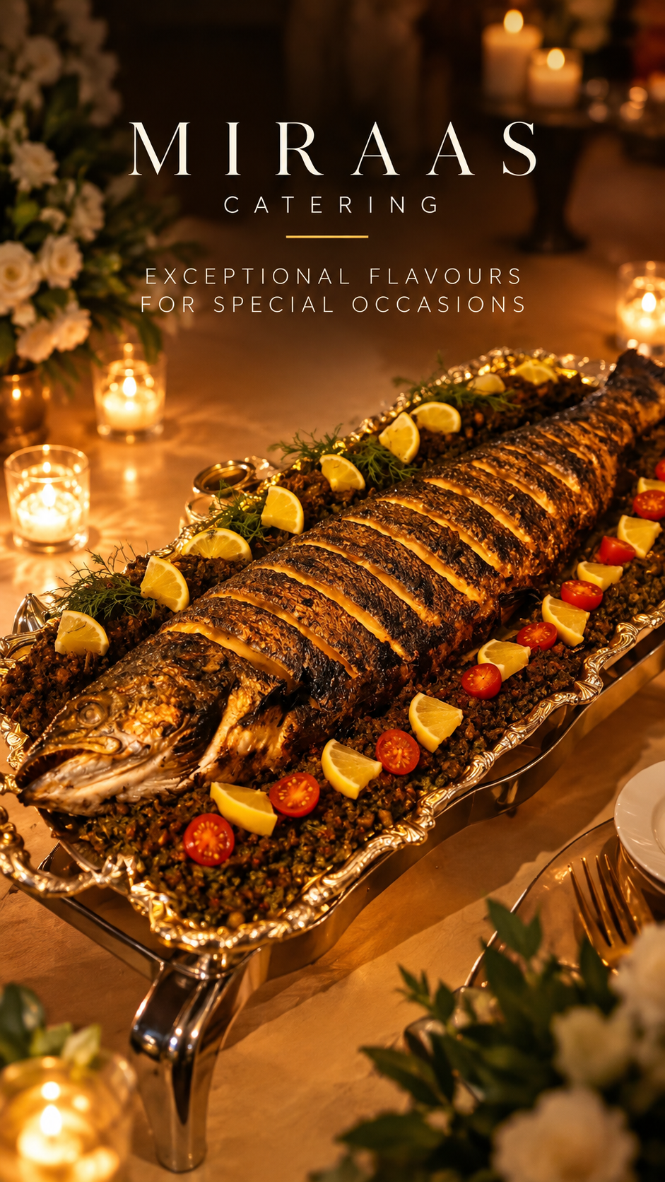 Whole roasted fish with lemon and herbs on a catering platter