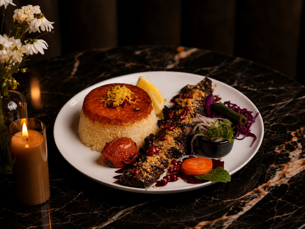 Authentic Persian kebab served with saffron rice at Miraas Persian Restaurant in Vancouver.